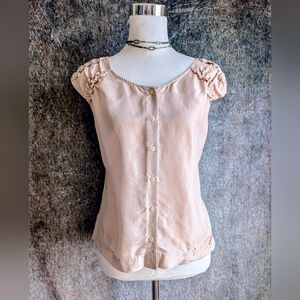 Soft Surroundings 100% Silk Blush Ruffle Shoulder Blouse Small
